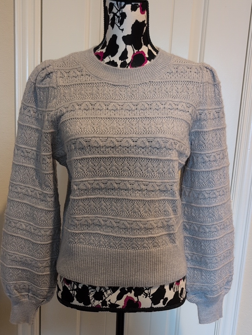 Marled Light Gray Puff-Sleeve Crewneck Sweater